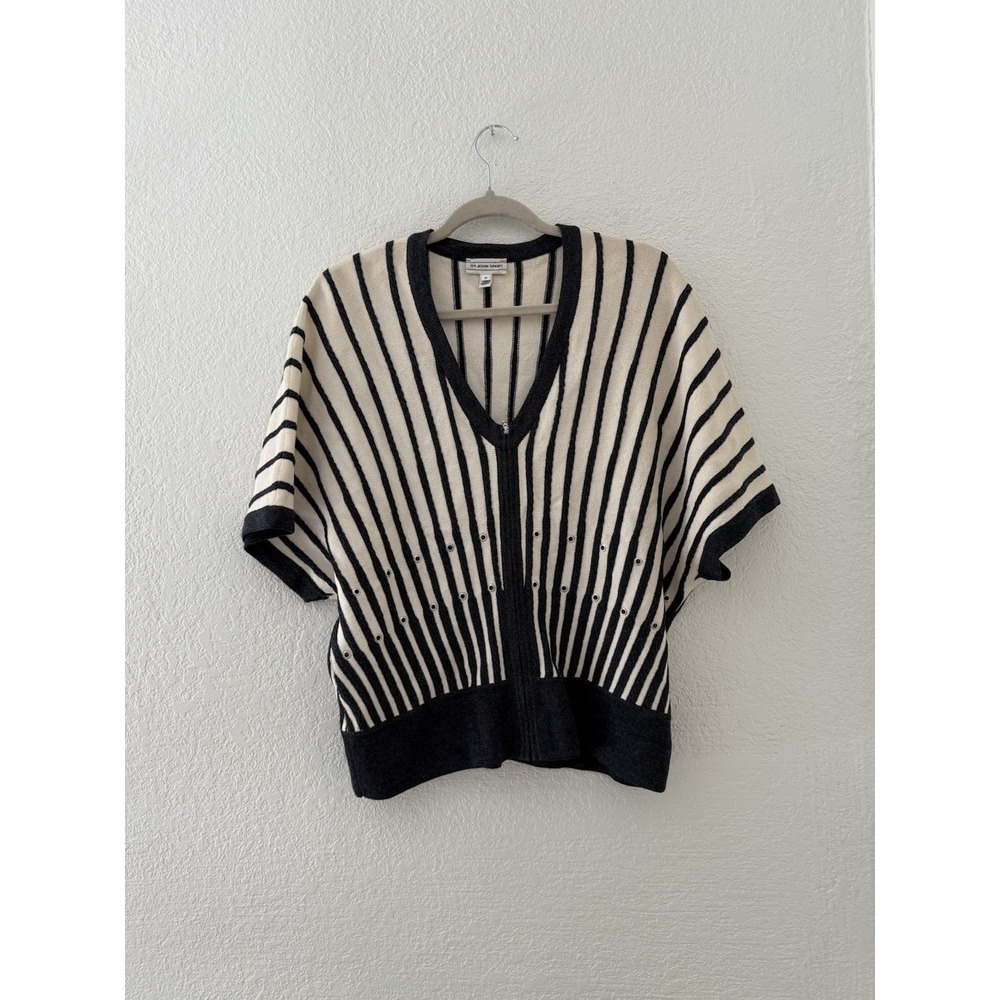 ST JOHN SPORT Striped V Neck Zipper Knit Sweater Top M Blue Cream